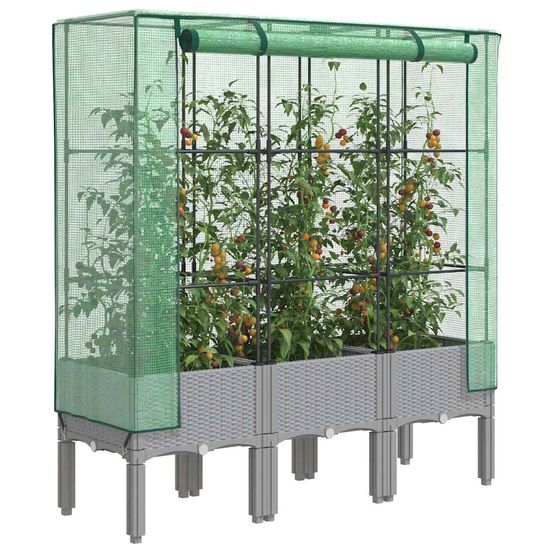 Grand carré potager sur pieds 120cm avec serre de jardin aspect rotin gris