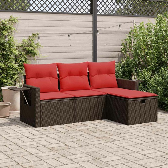 Salon de jardin 4 pcs avec coussins marron résine tressée
