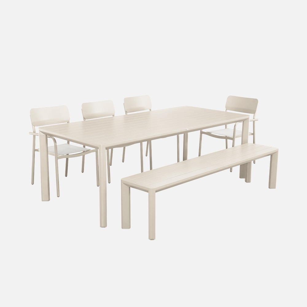 Table de jardin 1 banc et 4 fauteuils aluminium et textilène 220 x 100 x 75 cm