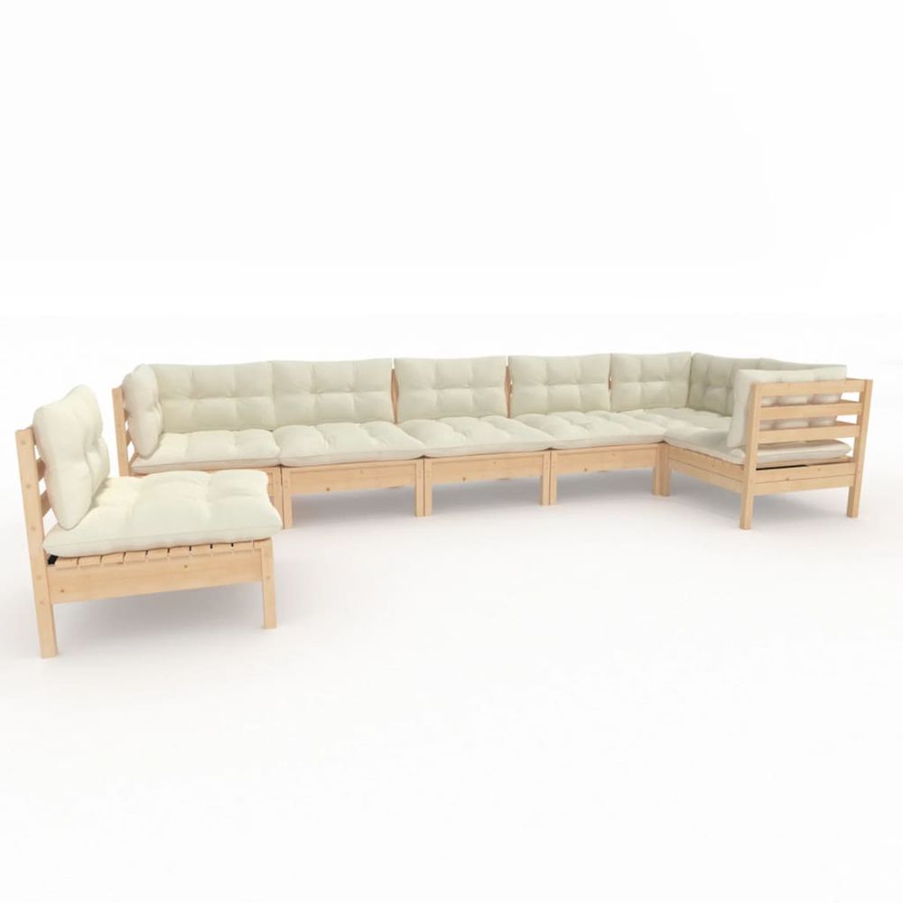 Salon de jardin 7 pcs avec coussins crème bois de pin