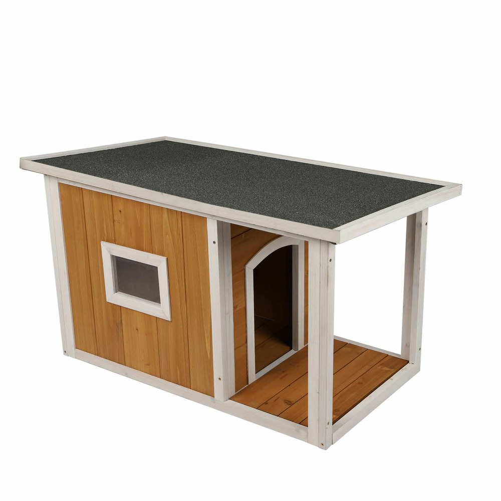 Niche pour chien lucky avec patio et fenêtre en bois naturel