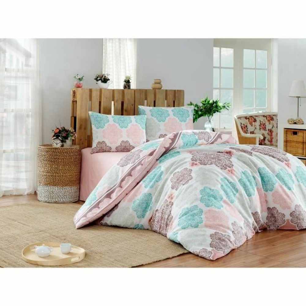 Parure de lit - housse de couette 220 x 240 + 2 taies d'oreiller 60 x 60, 70% coton- turquoise