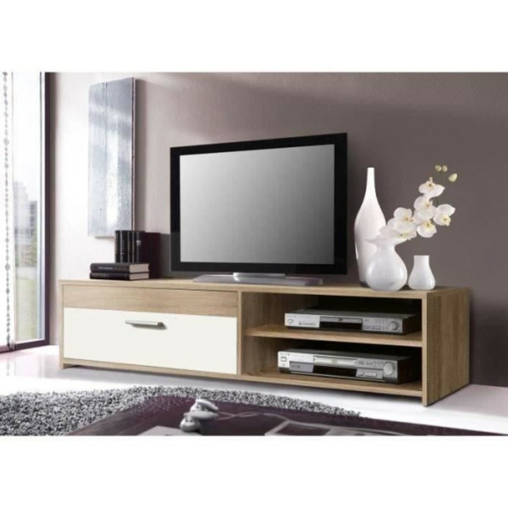 Meuble tv pilvi - style contemporain - particules mélaminé - décor chene et blanc - 1 abattant + 2 niches - l 120 x p 42 x h