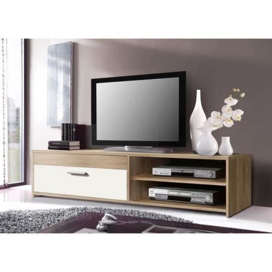 Meuble tv pilvi - style contemporain - particules mélaminé - décor chene et blanc - 1 abattant + 2 niches - l 120 x p 42 x h
