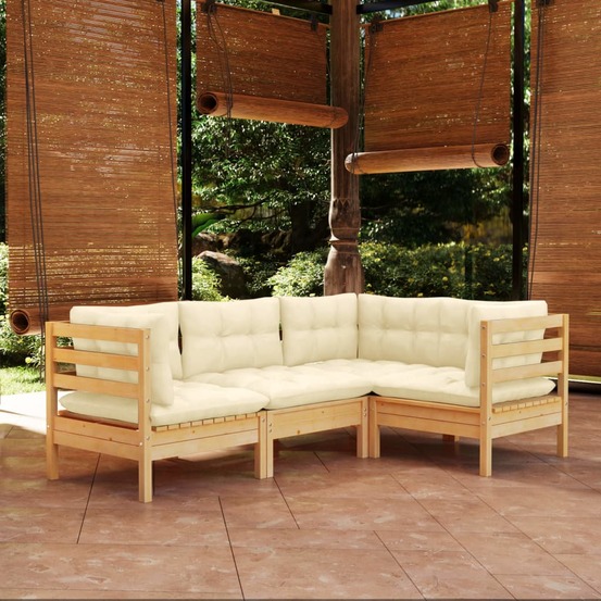 Salon de jardin 4 pcs avec coussins crème bois de pin