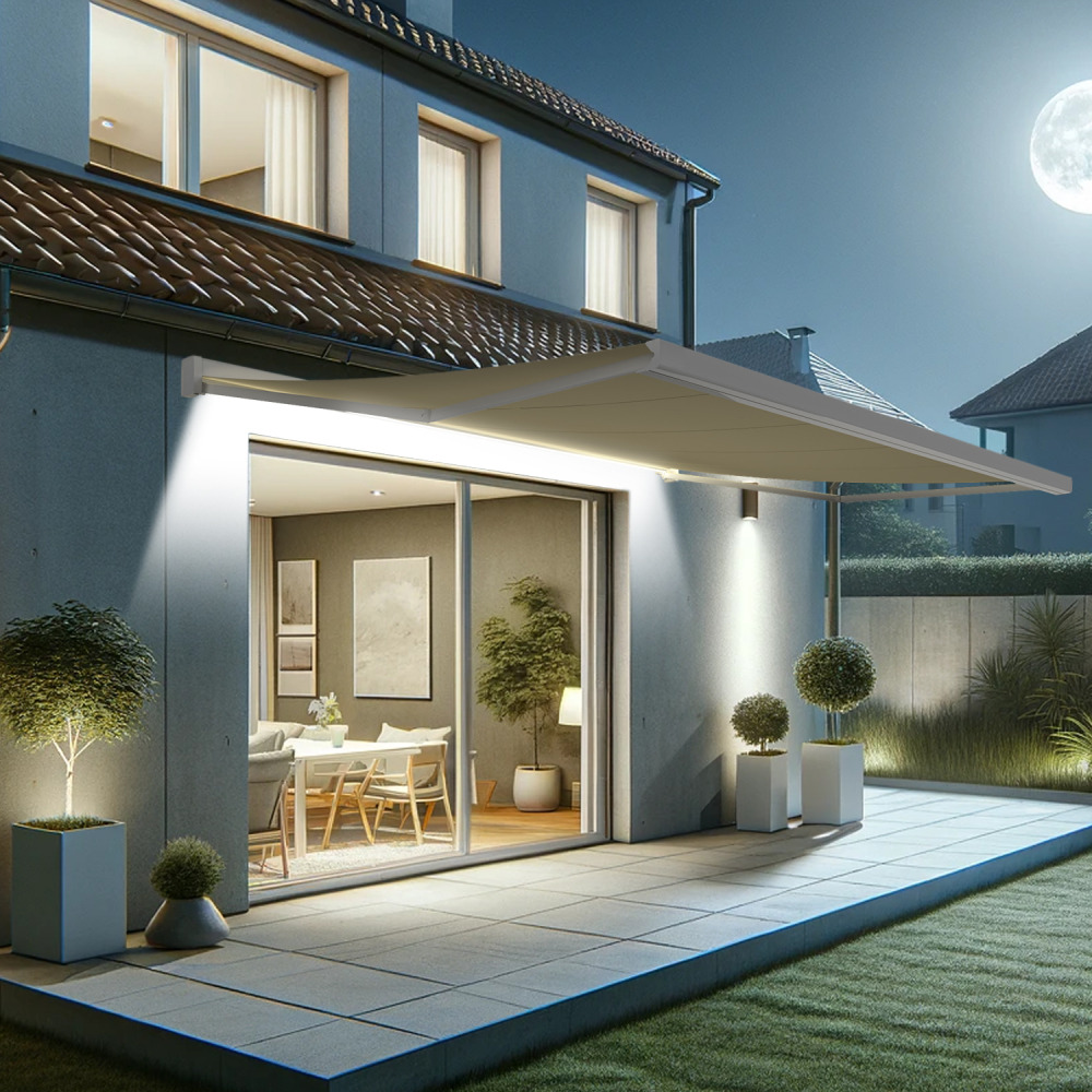 Store banne coffre intégral soa 5,00x3,50 m (motorisé secours à télécommande + led - blanc satiné ral9010 - écru)