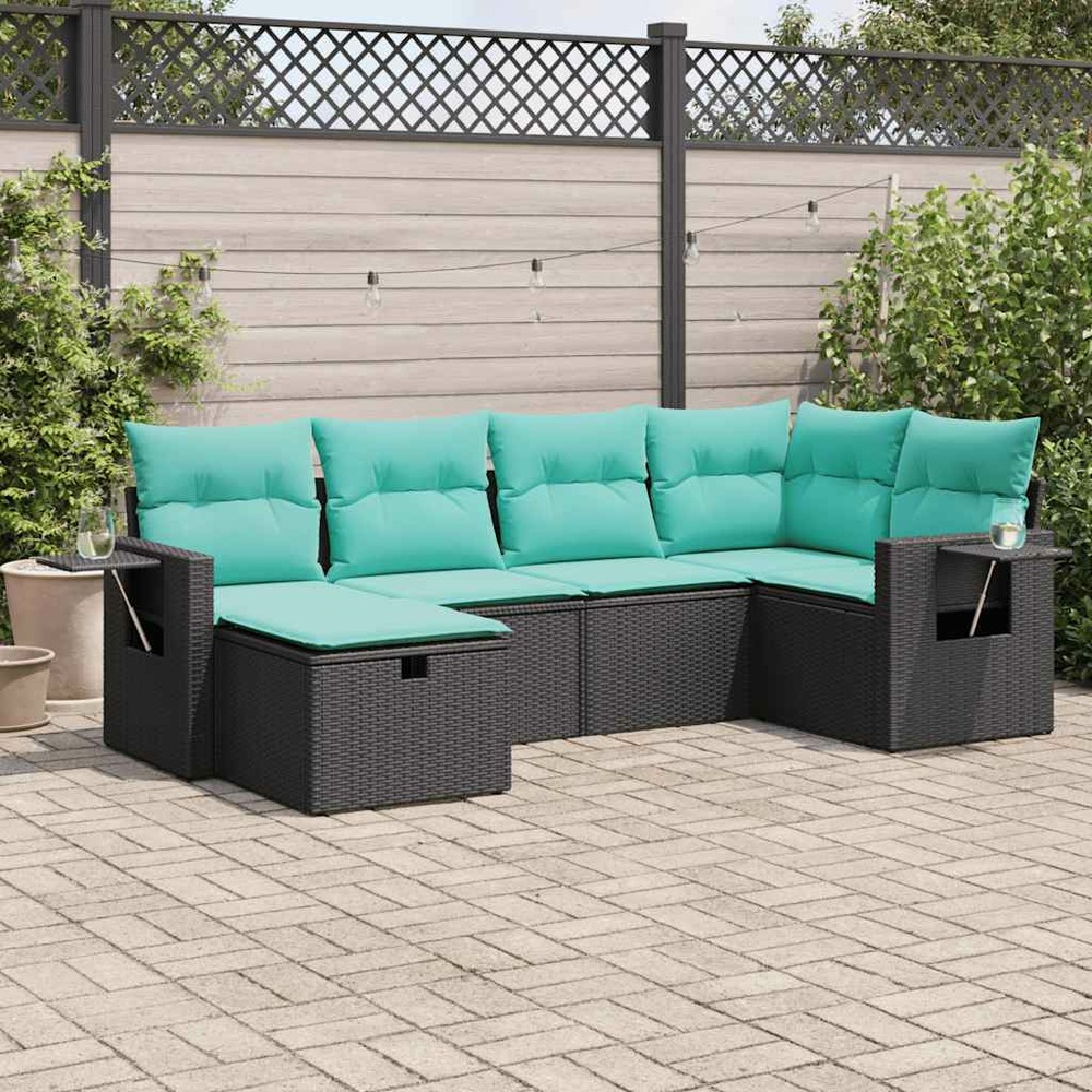 Salon de jardin 6 pcs avec coussins noir résine tressée