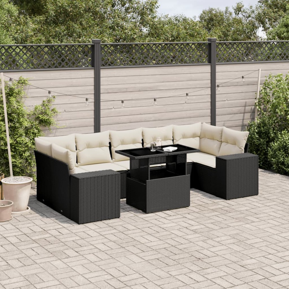 Salon de jardin 8 pcs avec coussins noir résine tressée