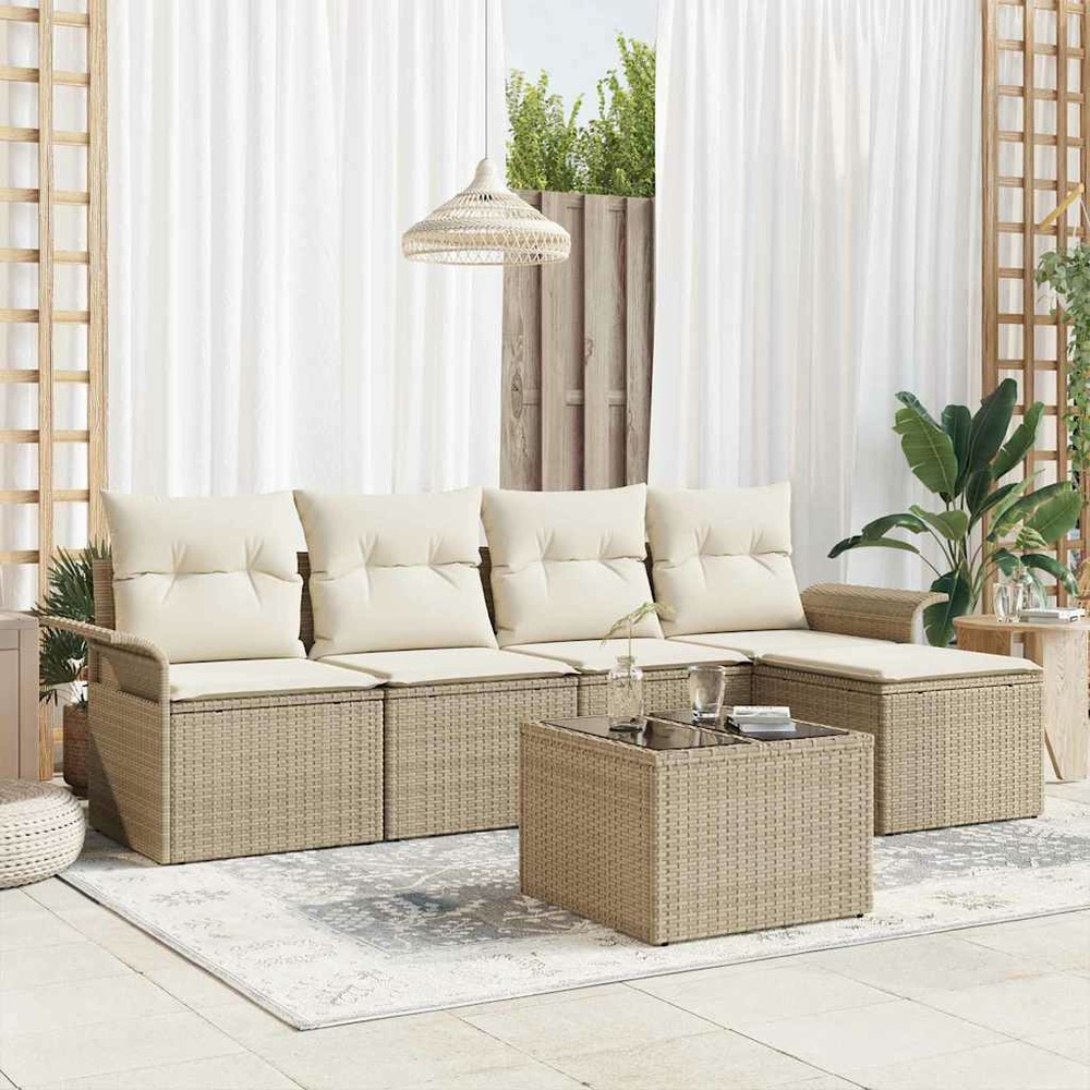 Ensemble de canapé de jardin avec coussin 6 pcs beige polyrotin