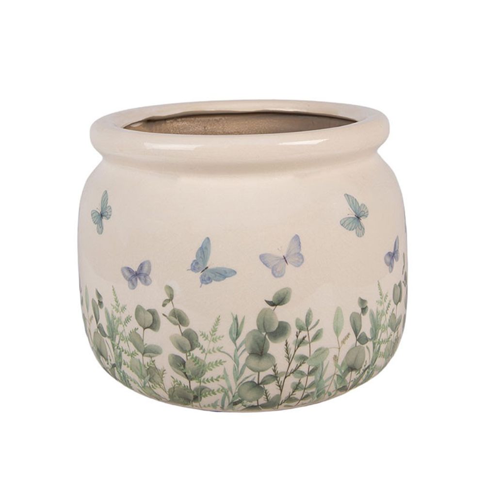 Pot de fleurs rond beige céramique papillons 20x15cm