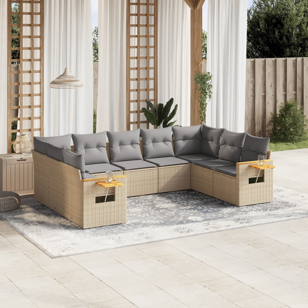 Salon de jardin avec coussins 9 pcs beige résine tressée