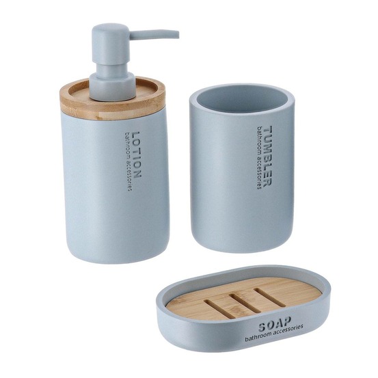 Set gobelet distributeur a savon et porte savon polyresine - bleu clair/bambou