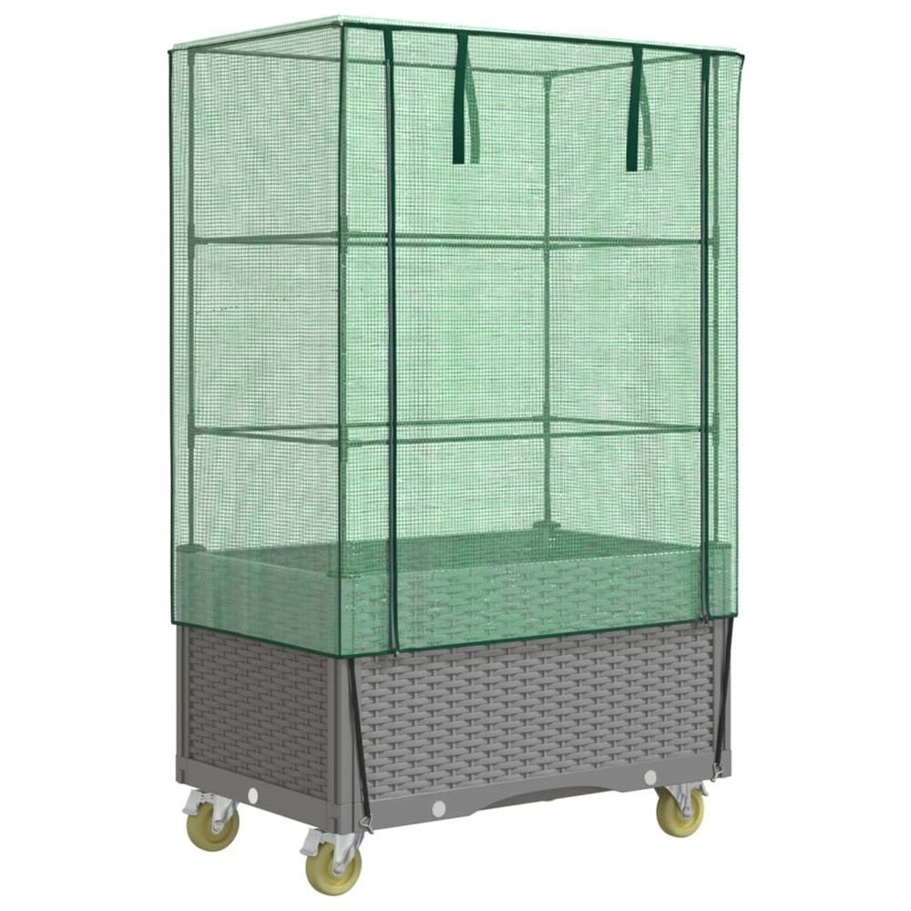 Jardinière d'extérieur surélevée avec housse et roues aspect rotin