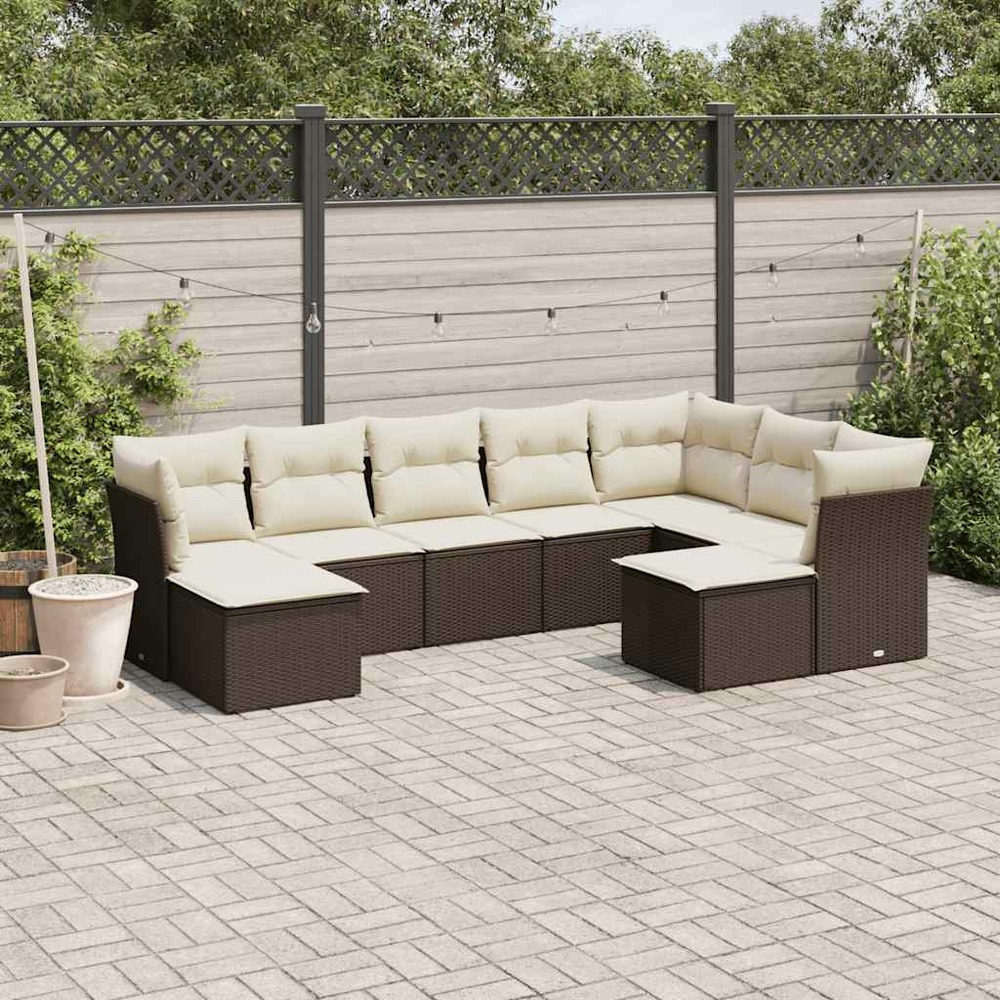 Salon de jardin avec coussins 9 pcs marron résine tressée