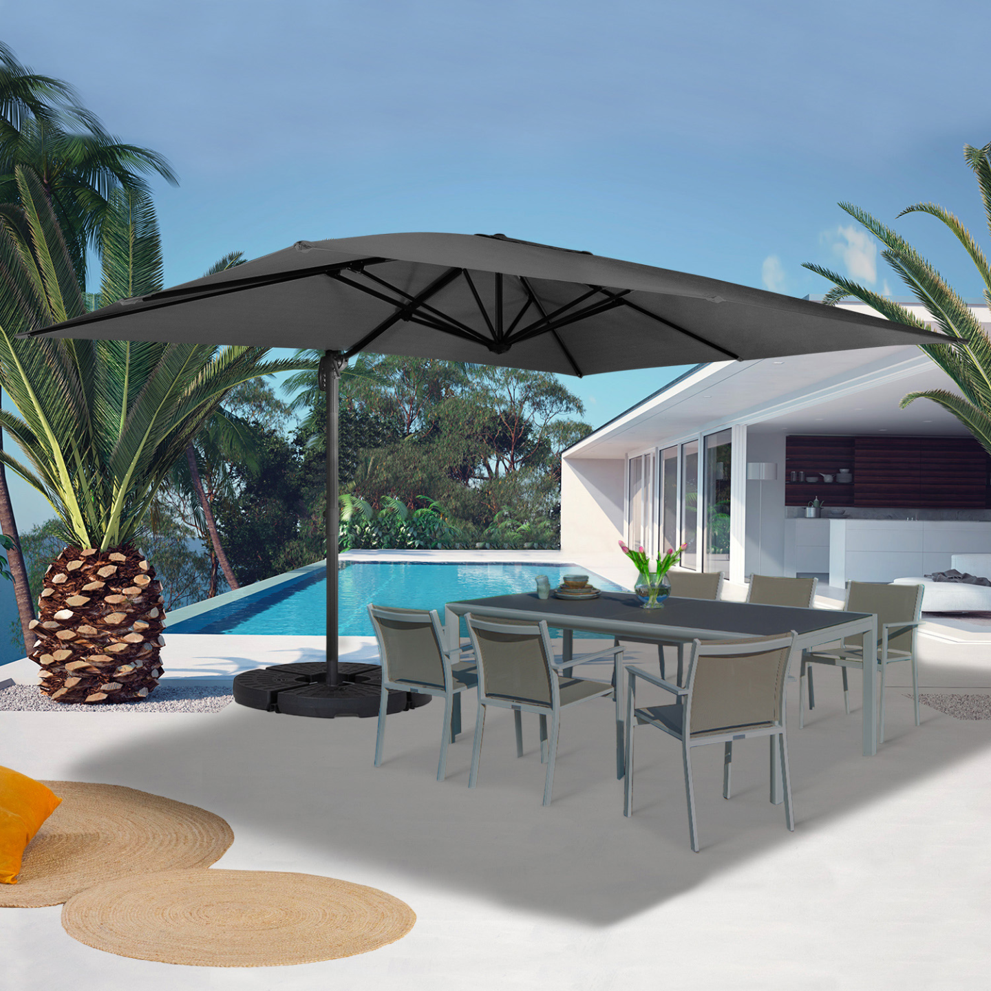 Parasol déporté inclinable rotatif 360 calvi gris 3x4 m avec 4 dalles et housse