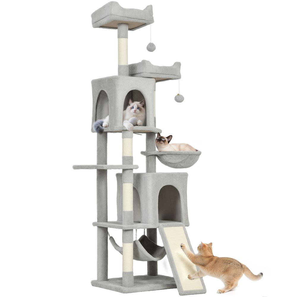 Grand arbre à chat 177 cm avec 2 lits 2 niches 2 hamacs tour de jeu multi-chats gris clair
