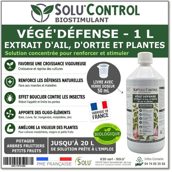 Biostimulant concentré à l'extrait d'ail, d'ortie et de plantes solu'control vége'défense – 1 l – renforce les défenses naturelles