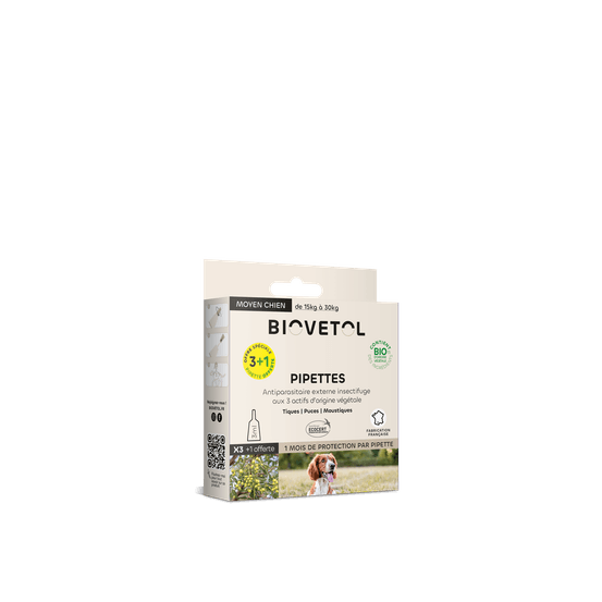 Pipettes anti puces moyen chien bio - certifié ecocert - 3 pipettes+1 offerte 3ml