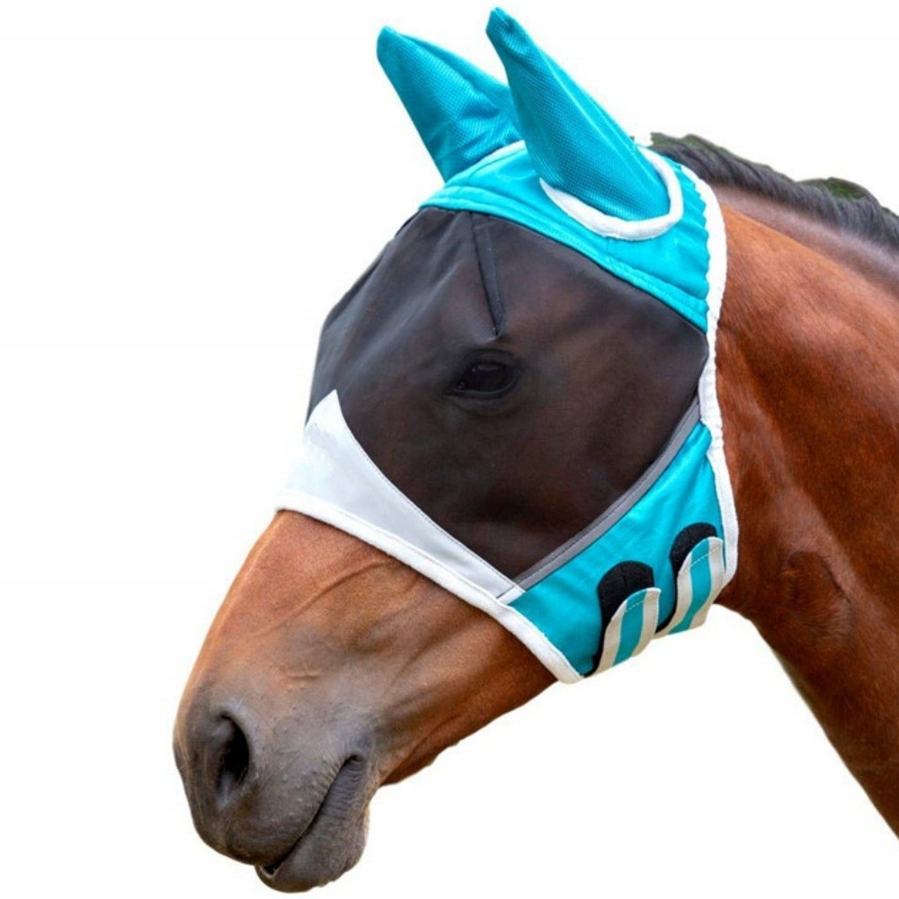 Masque anti - mouches cheval blanc bleu-extensible, protège yeux et oreilles.