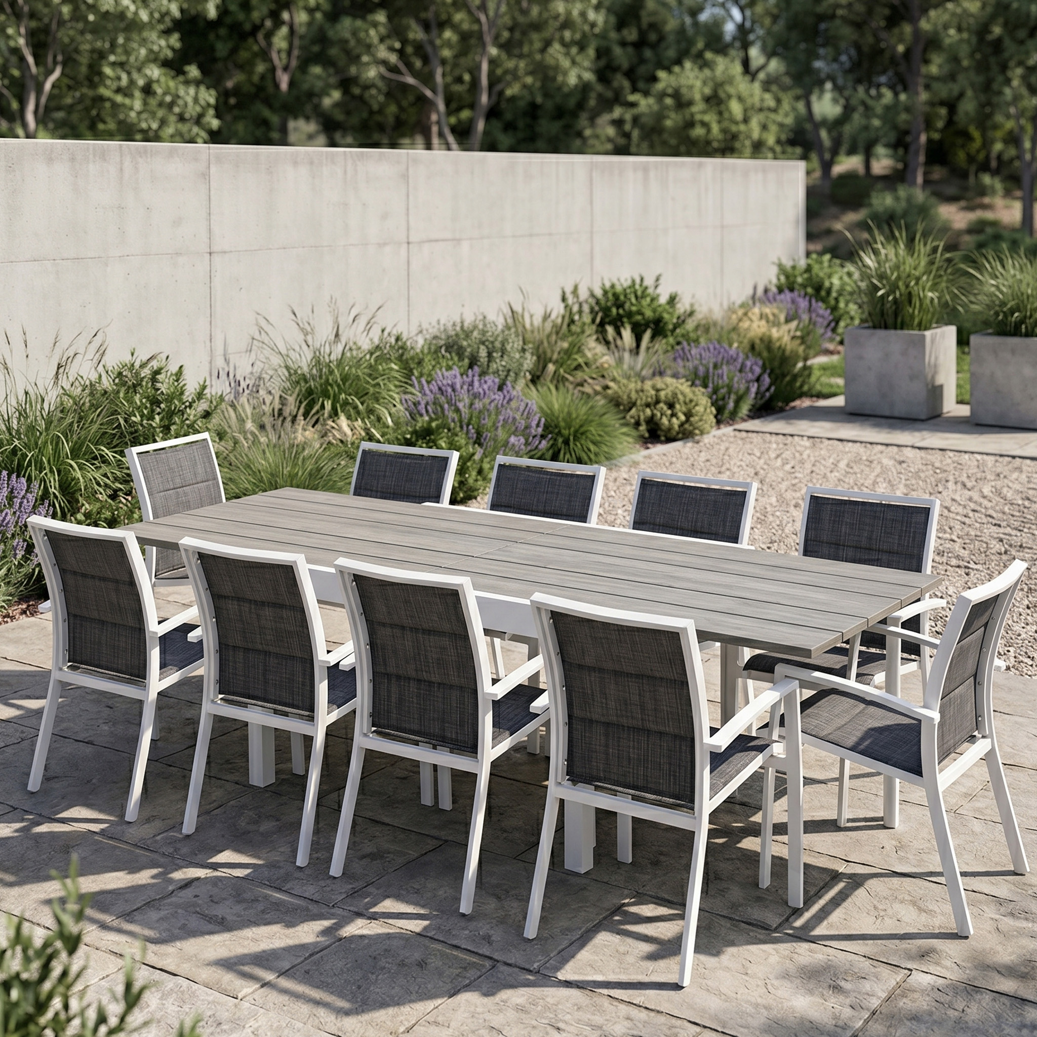 Ensemble modulo 6/10p en aluminium blanc et verre décors bois avec 10 fauteuils en textilène