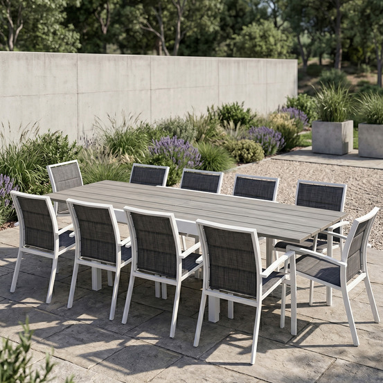 Ensemble modulo 6/10p en aluminium blanc et verre décors bois avec 10 fauteuils en textilène