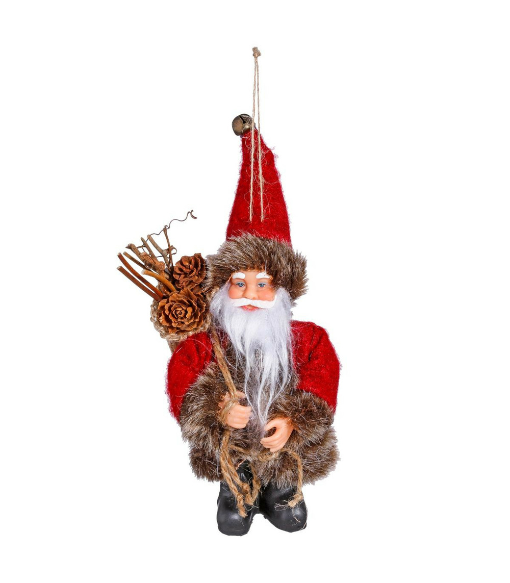 Sujet à suspendre père noël debout en habit rouge et fourrure marron