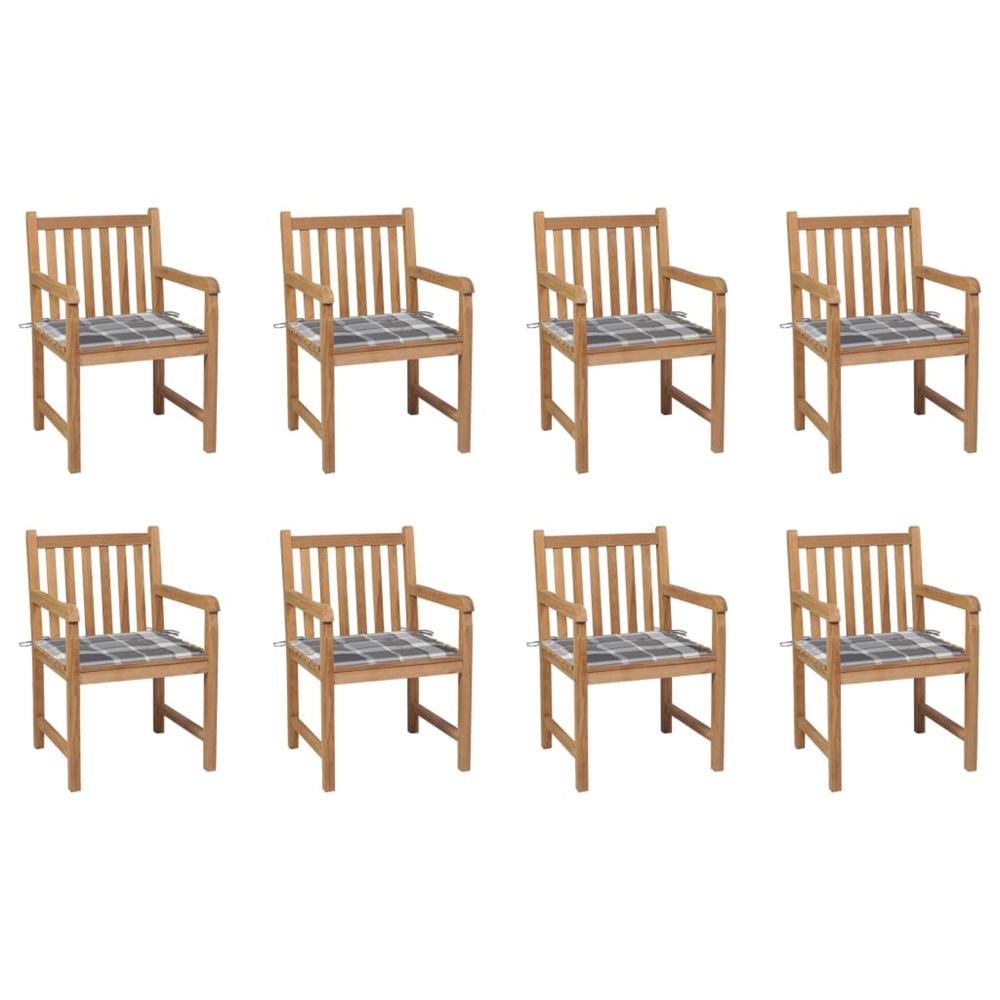Chaises de jardin lot de 8 et coussins carreaux gris bois teck