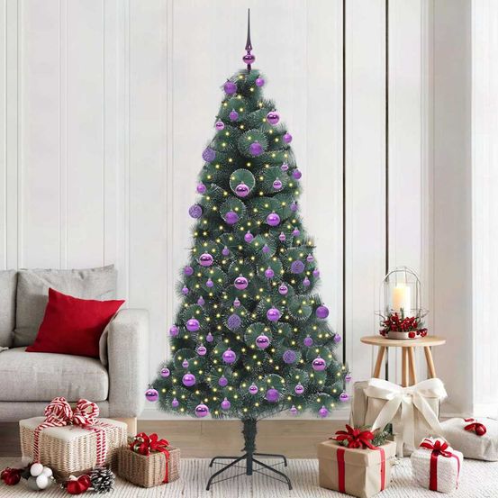 Sapin de noël lumineux vert forme conique, pack prêt à décorer avec 120 boules