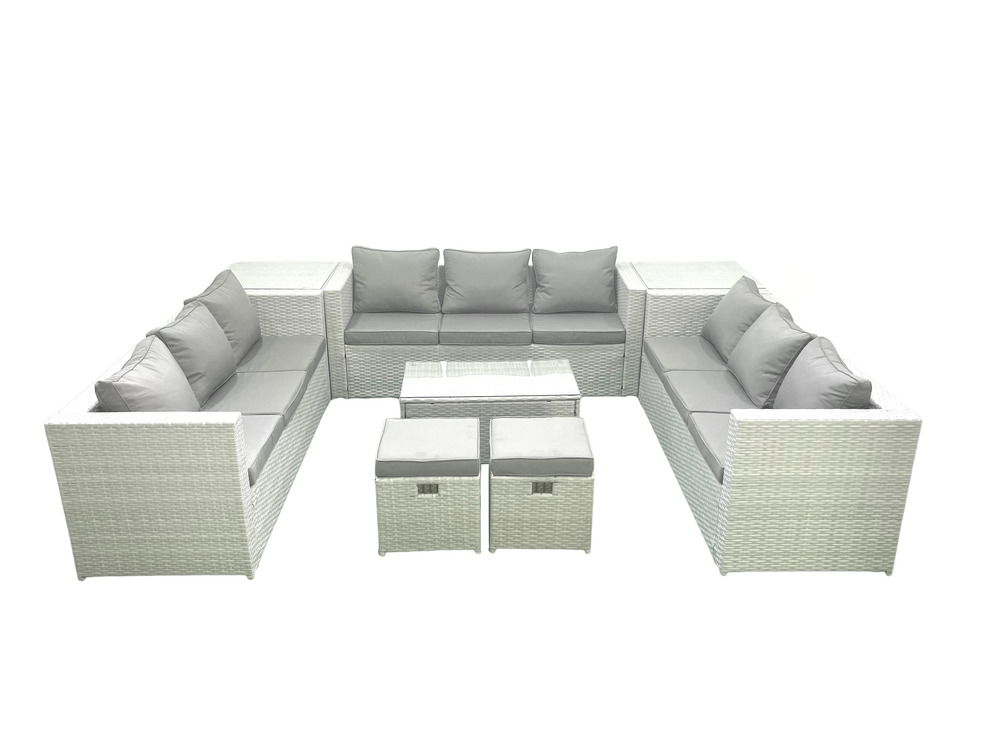 Ensemble de meubles de jardin en rotin 11 places avec canapé de jardin table basse 2 petit pouf 2 tables d'appoint gris clair mixte