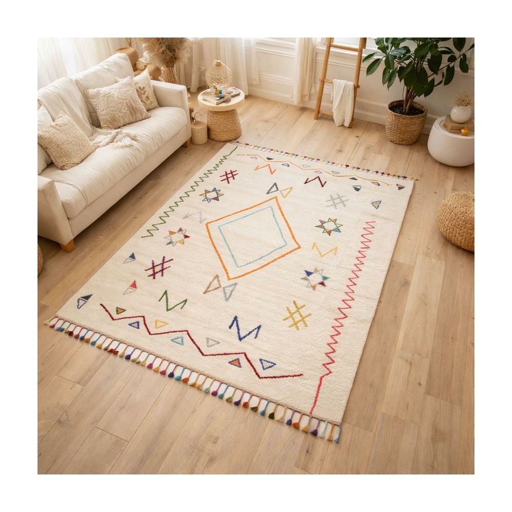 Tapis berbère 240x340 tissé motif ethnic lyn5 jadida crème