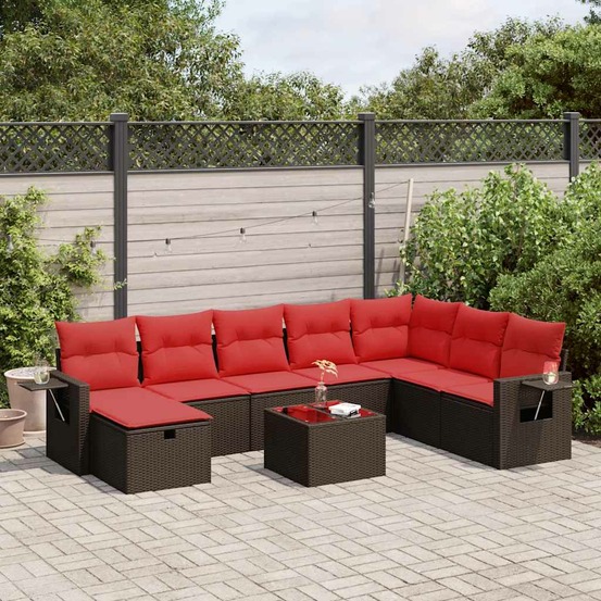 Salon de jardin avec coussins 9 pcs marron résine tressée