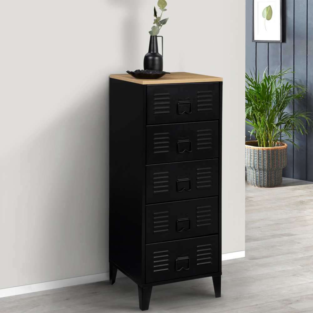 Chiffonnier 5 tiroirs ester 40 cm métal noir et plateau façon hêtre design industriel