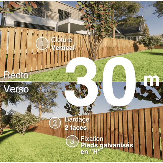 Kit clôture bois moderne 30m – h 0,9m – 20 x 70 mm autoclave marron – pose vertical – double face – support galva