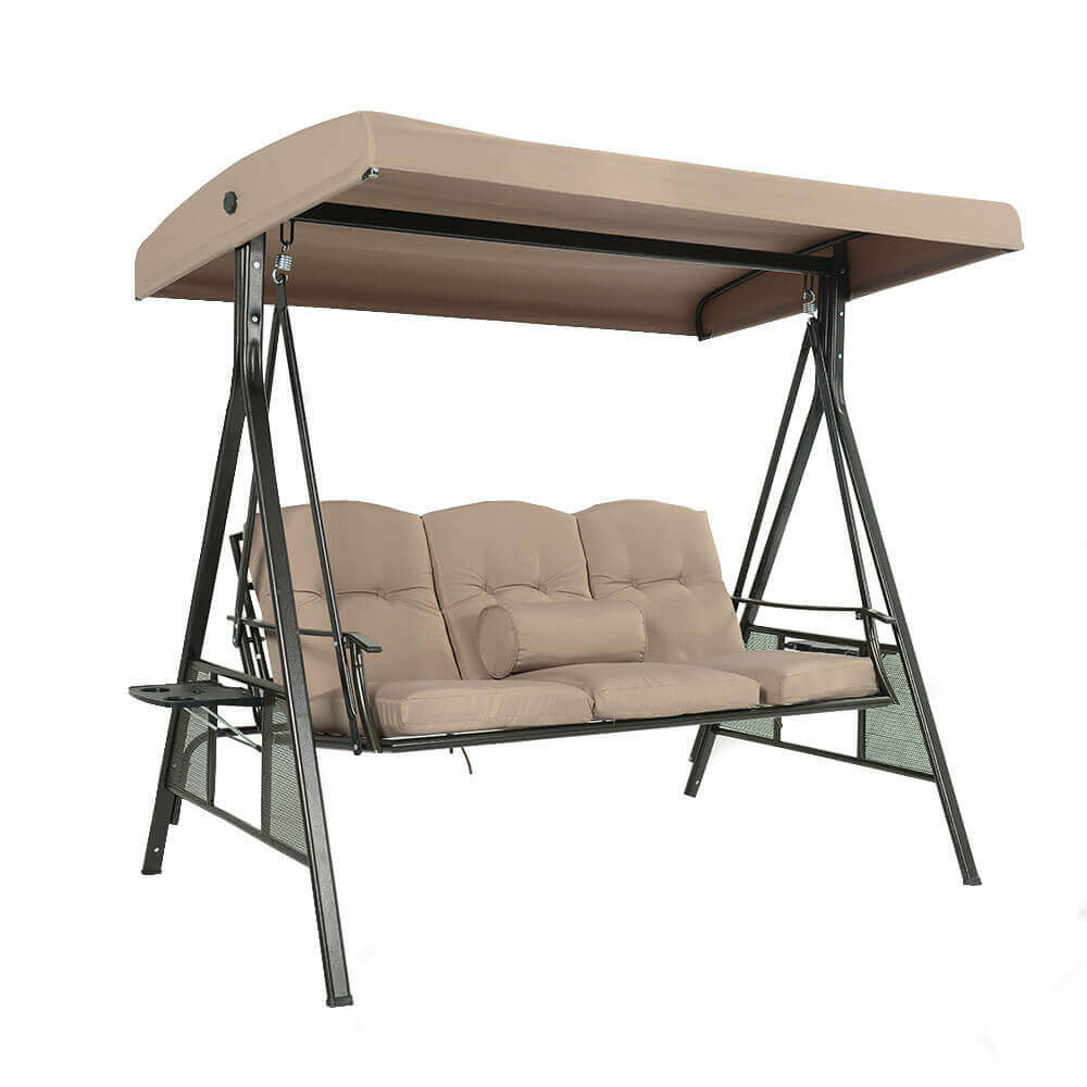 Home deluxe - balancelle descanso beige avec housse - 3 places, l/h/l 115 cm x 195 cm x 198 cm, avec porte-boissons, coussins