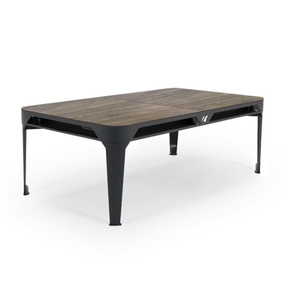 Billard d'extérieur convertible hyphen outdoor noir / tapis gris foncé / réceptacles : blanc polaire / plateaux : décor bois