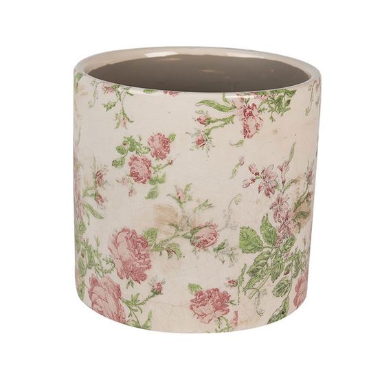 Pot de fleurs céramique beige rose fleurs 17x16cm