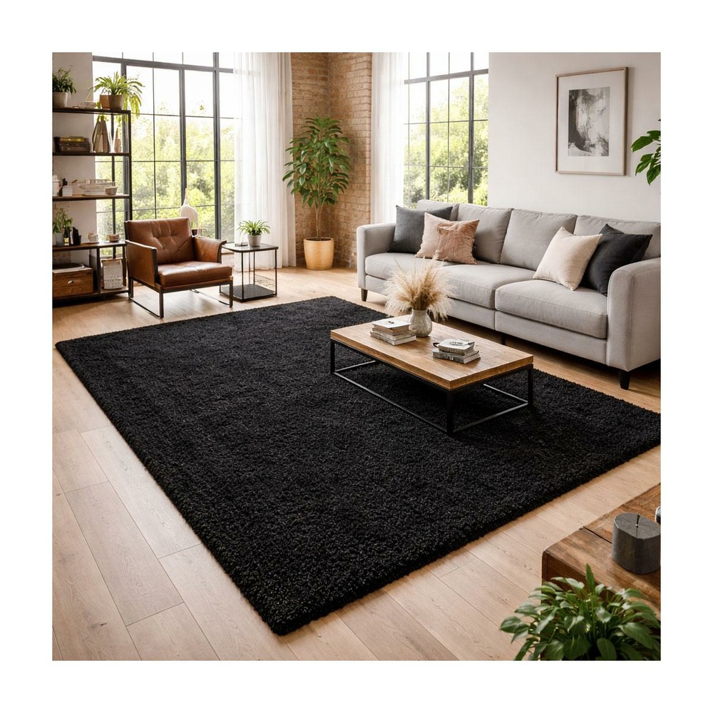 Tapis poils longs shaggy 120x170 rectangle tissé noir motif uni uni l