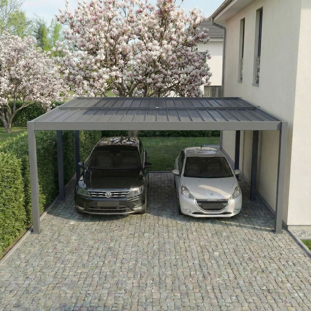Carport aluminium 570 x 645 cm weston - 37 m2 - hauteur : 255 - 2 voitures - abri voiture autoportant - gouttière incluse