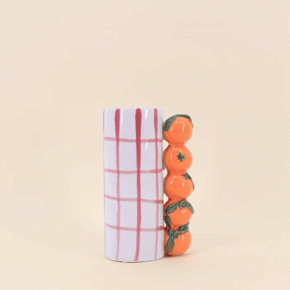 Vase quadrillé rose, et mandarines en relief 18cm