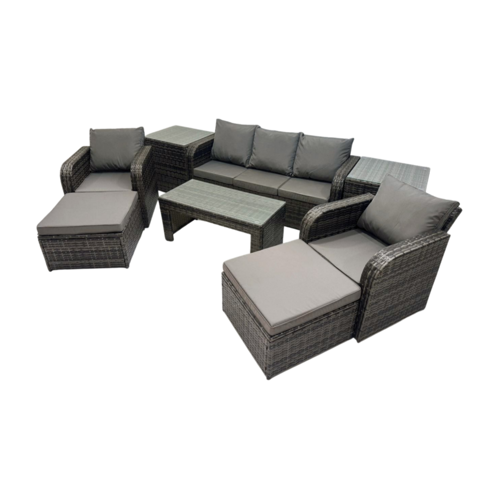 Salon de jardin avec table basse rectangulaire 2 tables d'appoint 2 grand tabourets 7 places ensemble de canapés en rotin