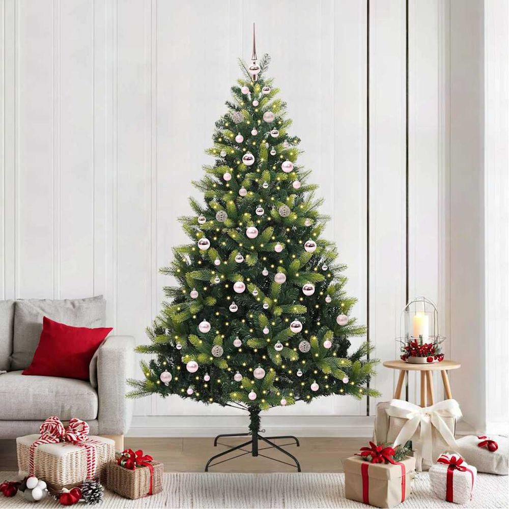 Sapin de noël 210 cm tout-en-un, décoration réaliste avec 300 led, boules et cimier