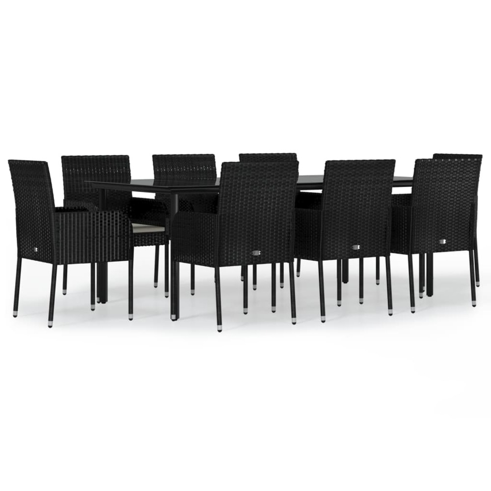 Ensemble à manger jardin 9pcs et coussins noir résine tressée
