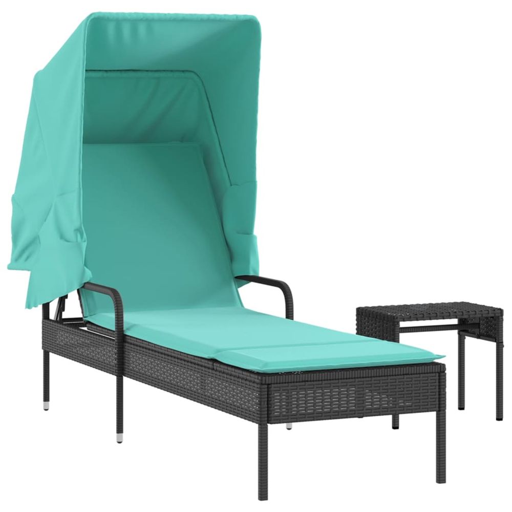 Chaise longue avec auvent et table noir résine tressée bain de soleil