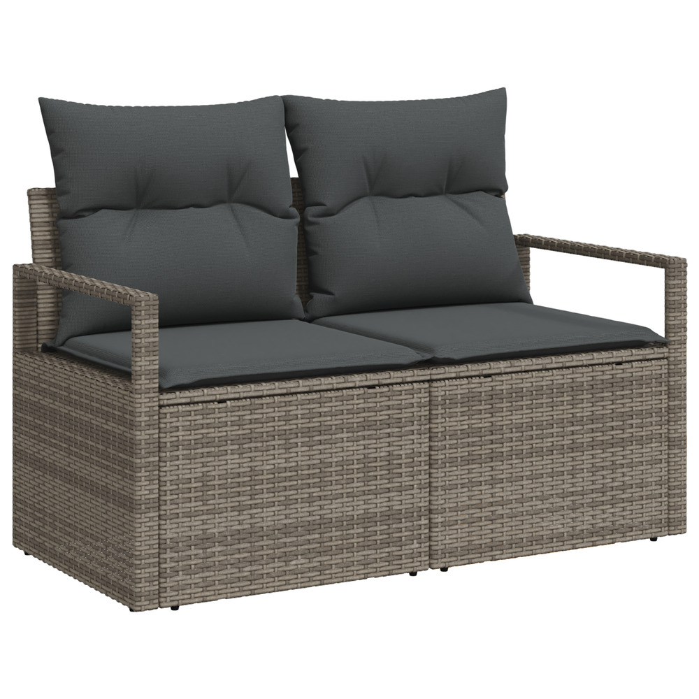 Canapé de jardin 2 places avec rangement et coussins en poly rattan gris