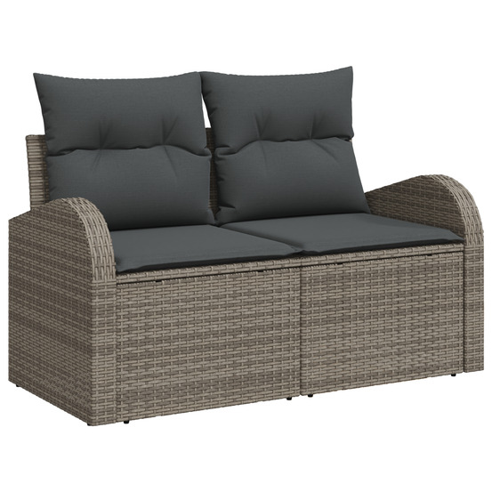 Canapé de jardin 2 places avec rangement et coussins gris en poly rattan