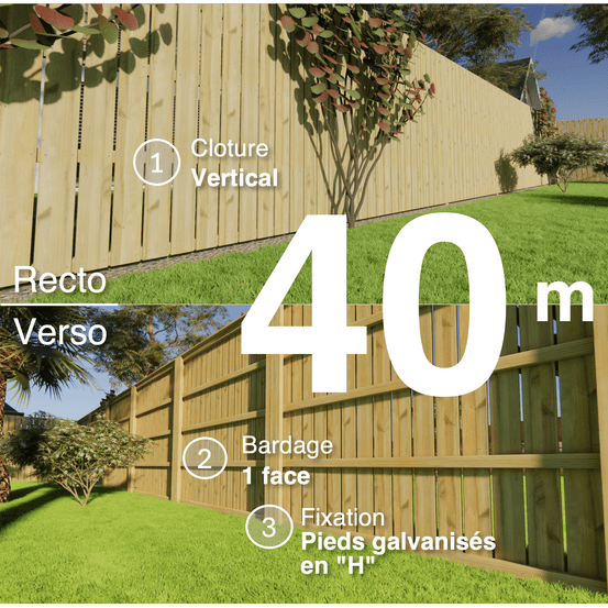 Kit clôture bois moderne 40m – h 2,3m – 21 x 145 mm autoclave vert – pose vertical – simple face – support galva