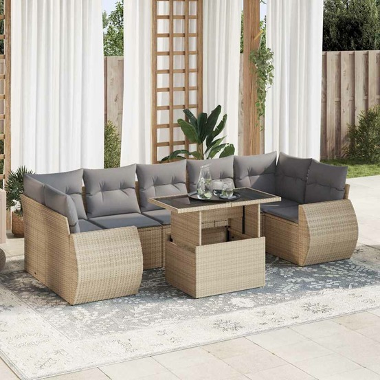 Salon de jardin avec coussins 8 pcs beige résine tressée