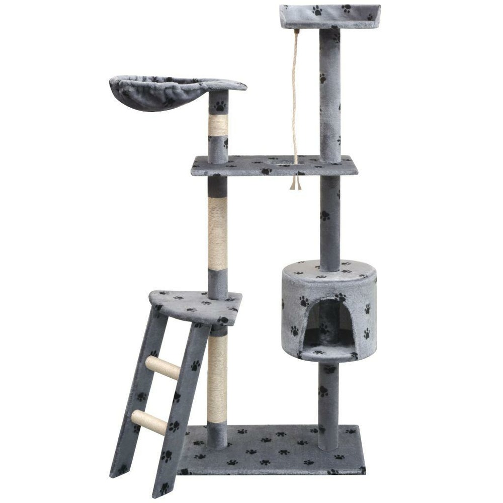 Arbre à chat griffoir grattoir niche jouet animaux peluché et sisal 150 cm empreintes de pattes gris