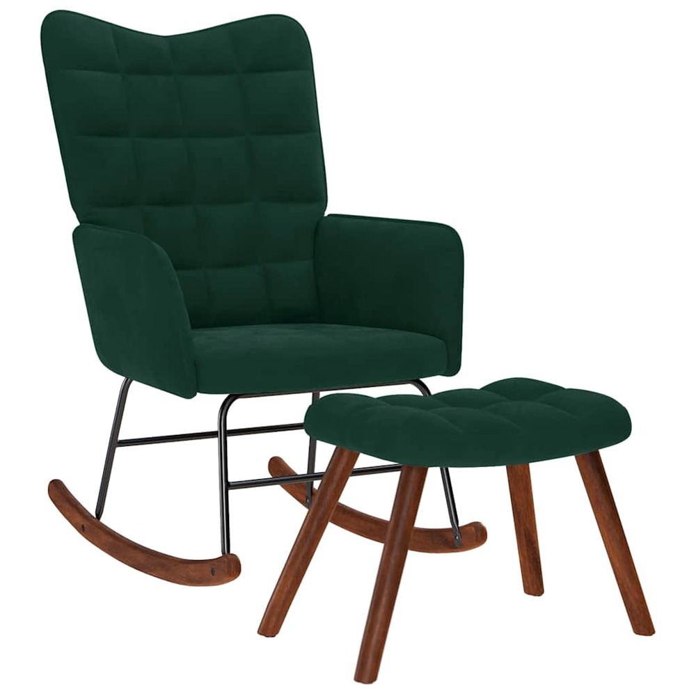 Chaise à bascule avec tabouret en velours vert foncé
