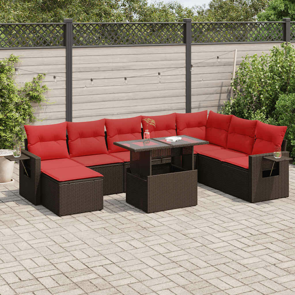 Salon de jardin avec coussins 9 pcs marron résine tressée acacia